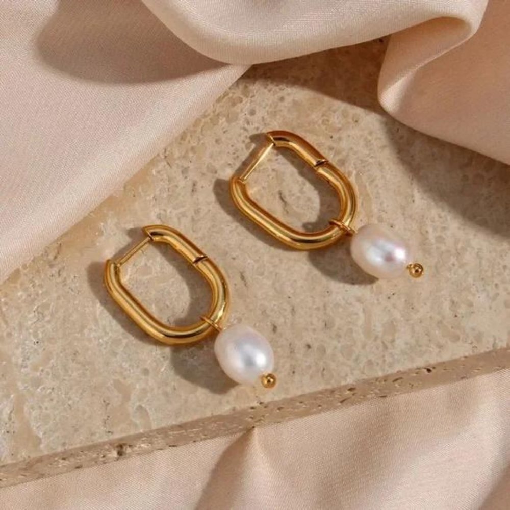 New 18K Freshwater Pearl Drop U Shape Earrings, CUTE RING, SHINY RING. - Picture 5 of 7